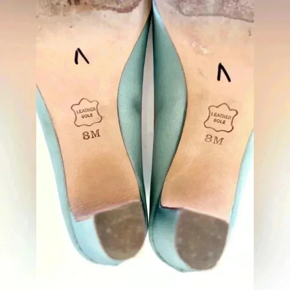 Miss Albright Bijou Teal Blue Satin & Beaded Sequin Rhinestone Cap Toe Heels - Picture 13 of 16